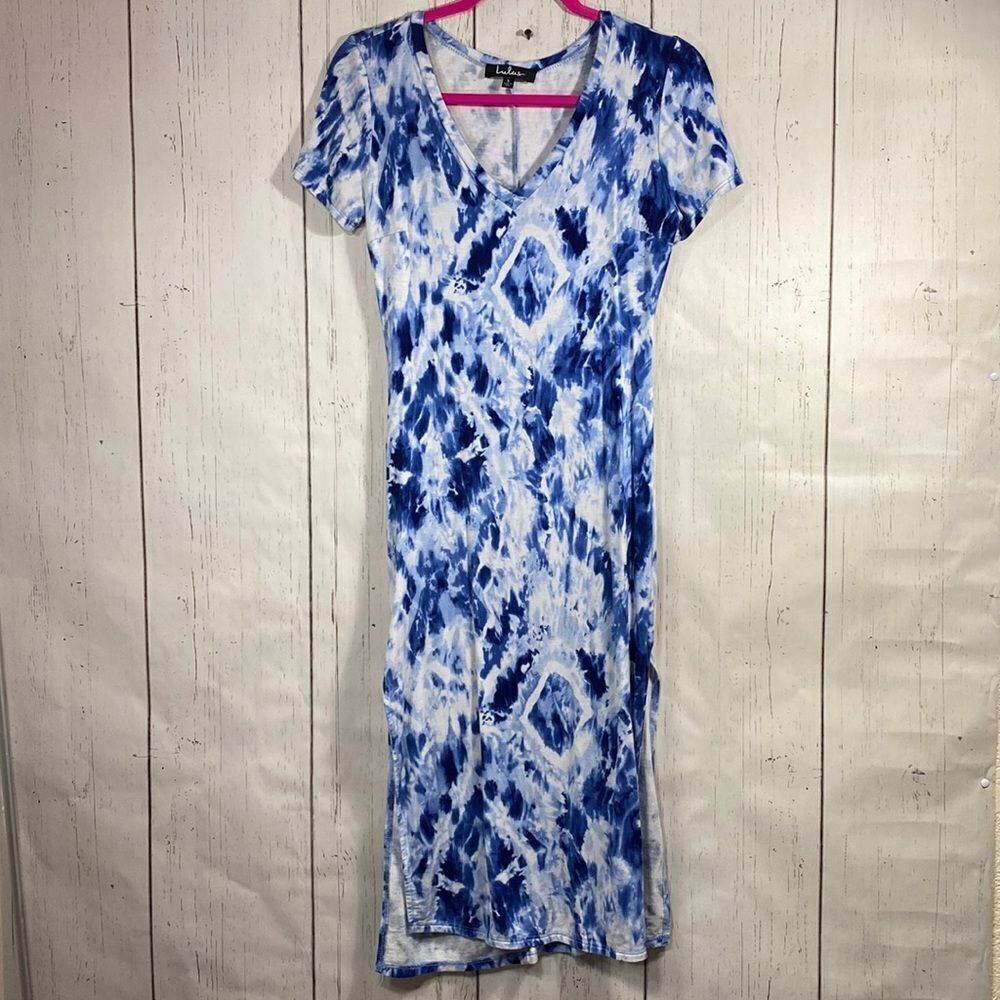 Lulus Blue Tie Dye Slit Maxi Dress S Boho Beachwear Resort Surf Girl Coastal